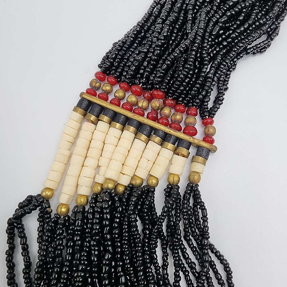 Vintage Boho Tribal Ethnic Black Glass Seed Bead Waterfall Layered Bib Necklace - Picture 6 of 16